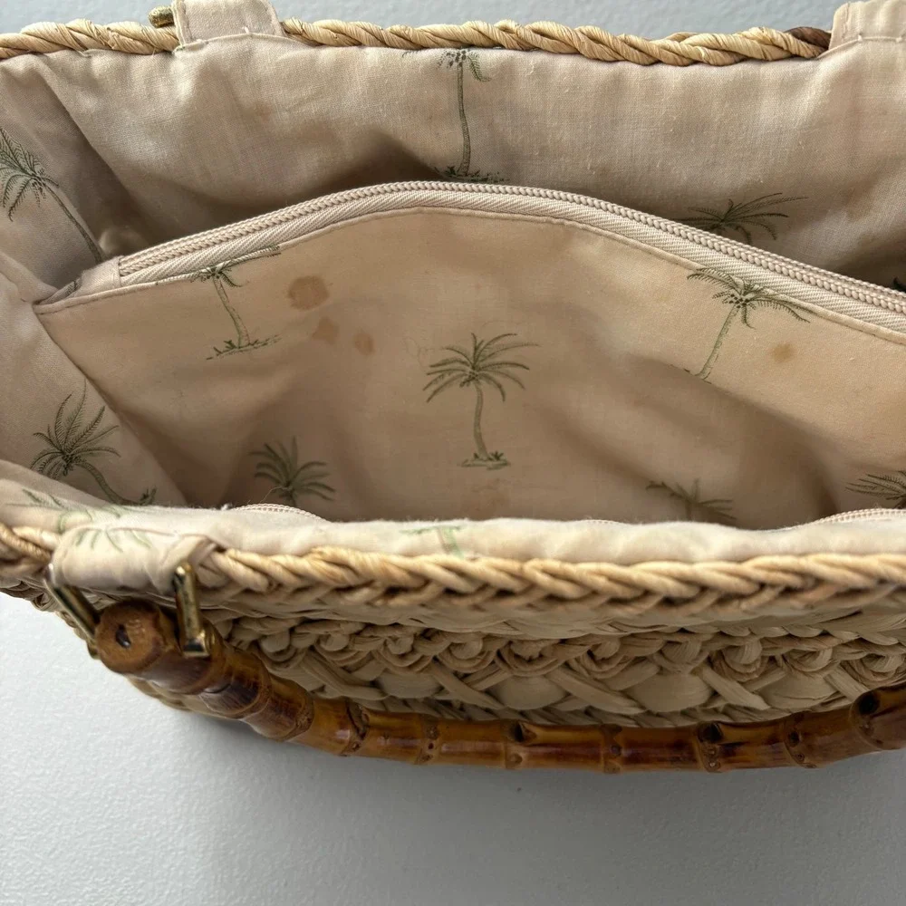 Cappelli Straworld Woven Straw Handbag Bamboo Handle Palm Tree Lining Tan Boho